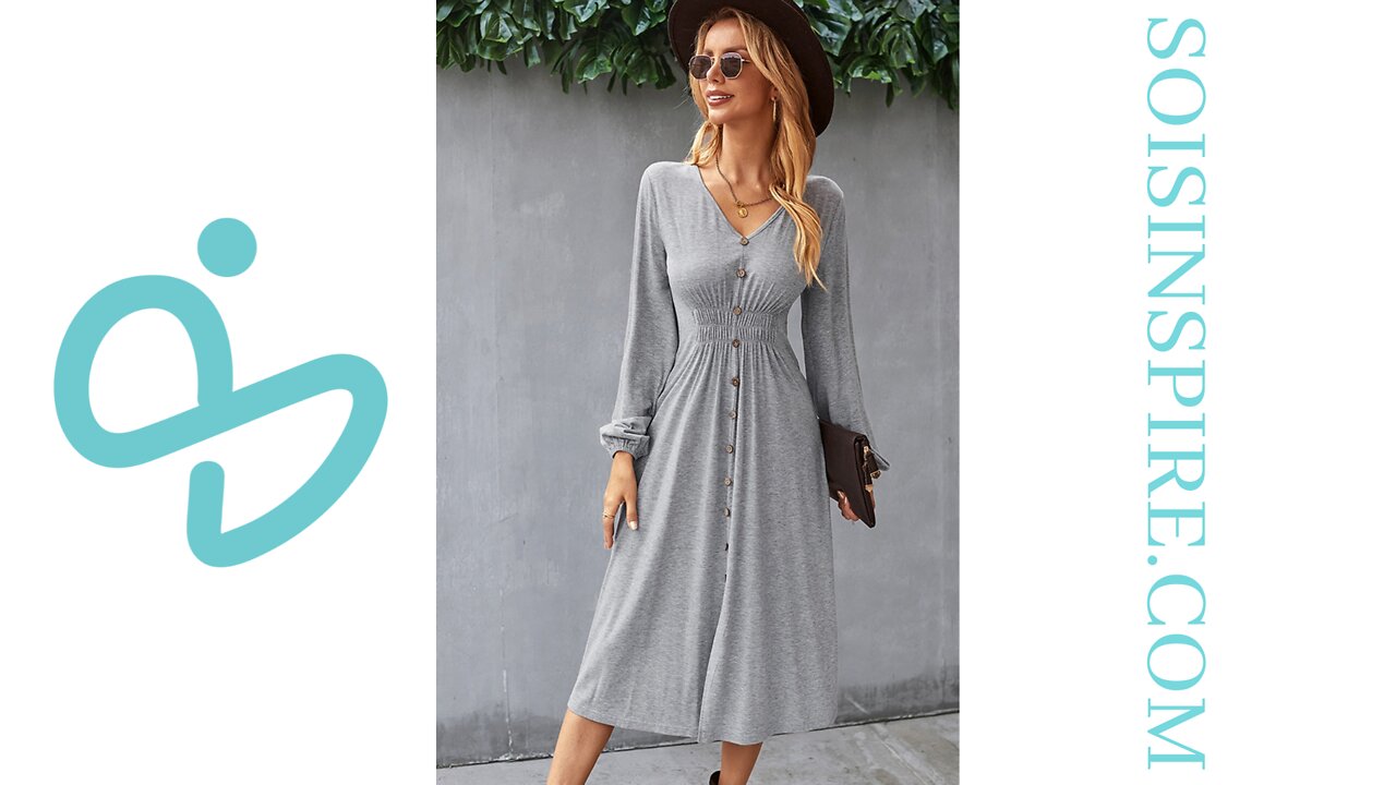 Decorative Buttons V-Neck Elastic Waist Knitted Dress