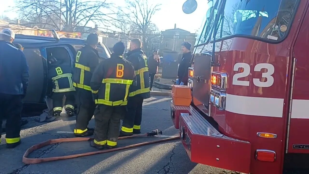 Boston fire department respond to a rollover on Warren Street