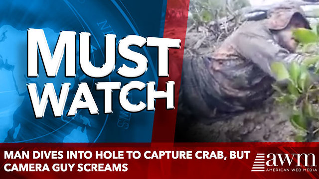 Man Dives Into Hole To Capture Crab, But Camera Guy Screams