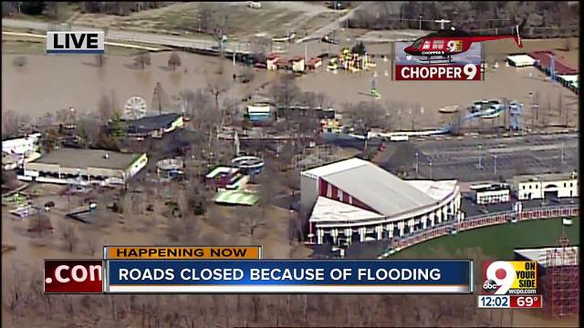 Ohio River flooding covers major roadways