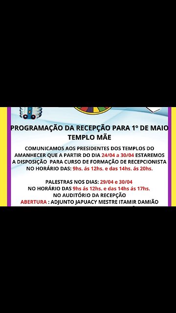 Programação da Recepção para Primeiro De Maio no Templo Mãe do Vale do Amanhecer