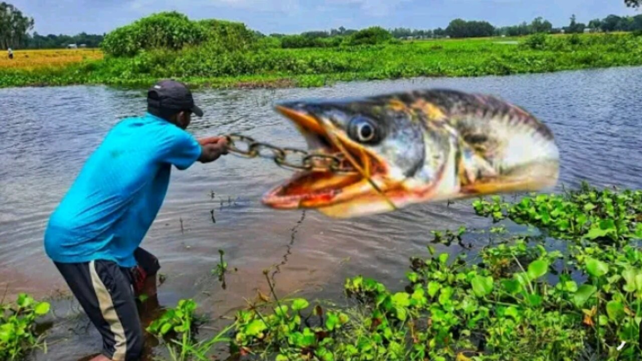 Unbelievable catching catfish by hook!traditional boy catching big fish in pond