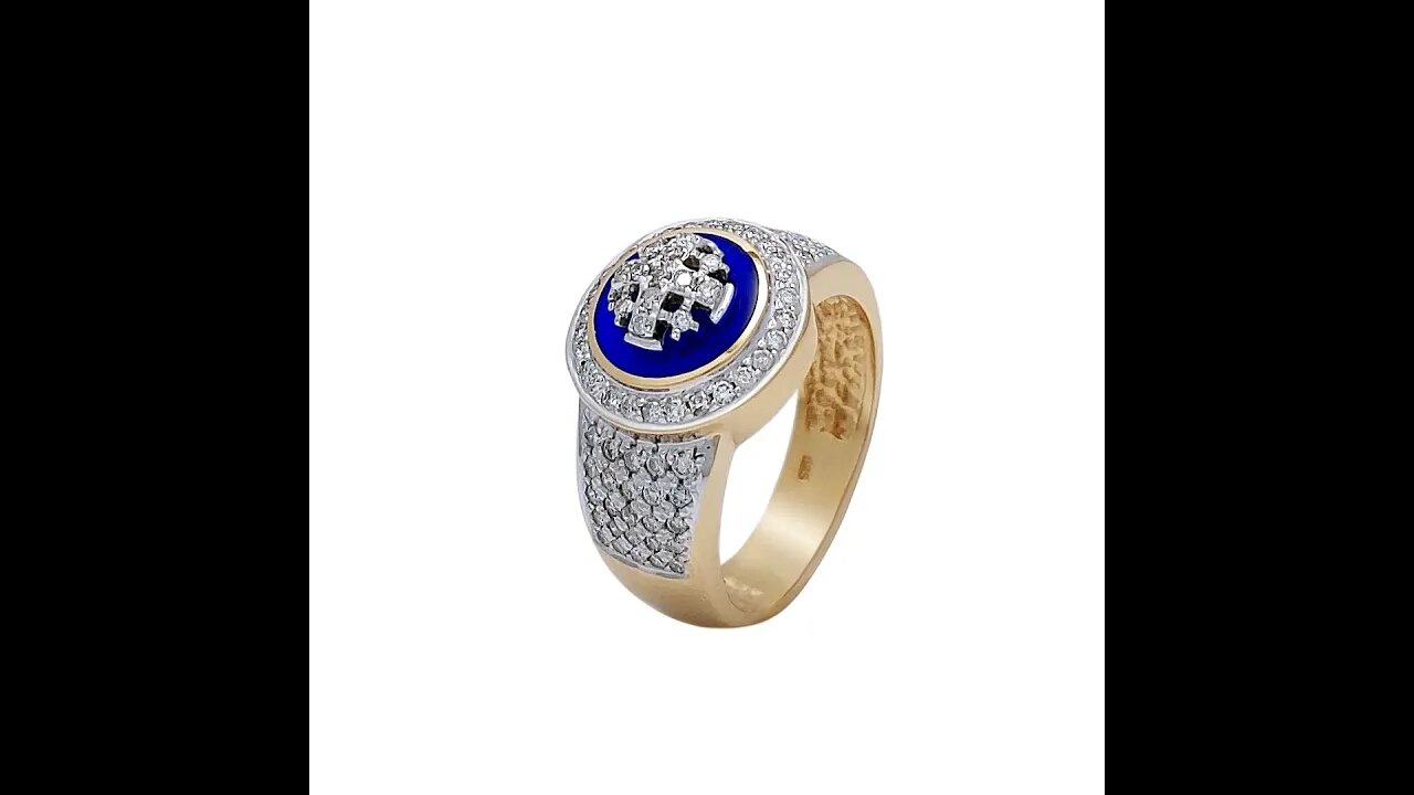 Two Tone 14K Gold Jerusalem Cross Signet Ring with 91 Diamonds and Blue Enamel