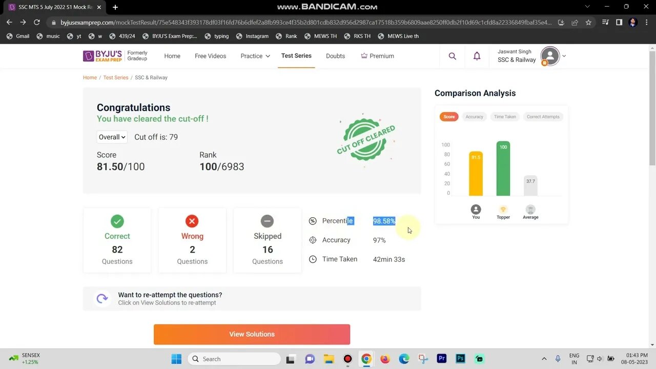 Cutt Off Cleared | SSC MTS 2022 Previous Year Test Analysis | Rank 100 #mock #sscmts #mews