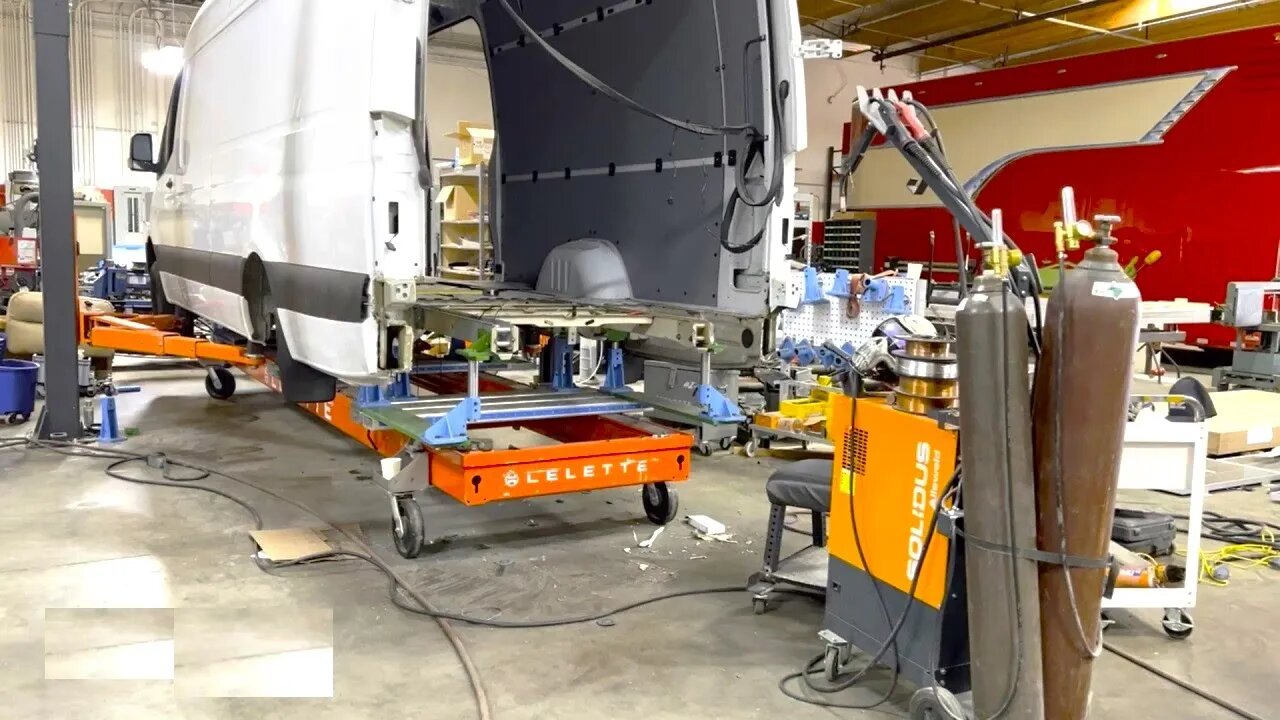 Mercedes Sprinter Van collision repair on Celette frame bench