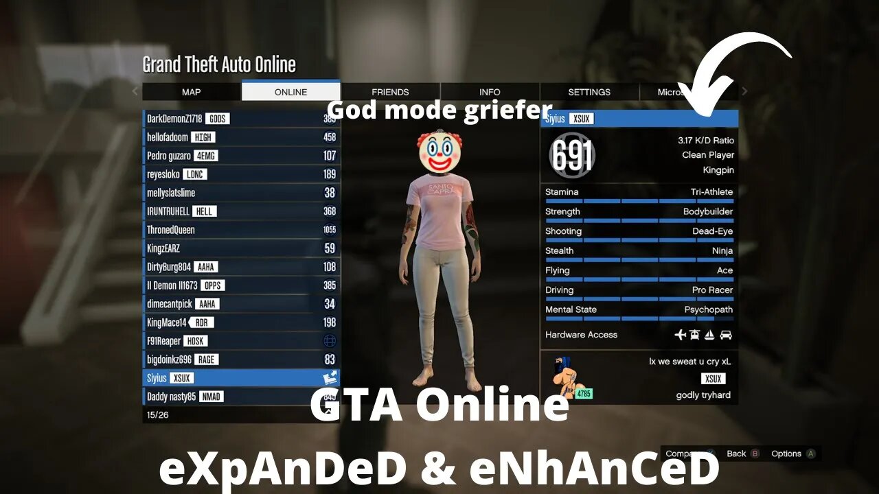 GTA Online Griefer turns Clown Mode - "eXpAnDeD & eNhAnCeD" ft god mode jet griefer | Siyius LOL