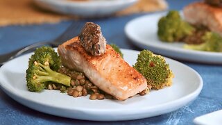 Sautéed Black Garlic Butter Verlasso Salmon - Lentils & Steamed Broccoli