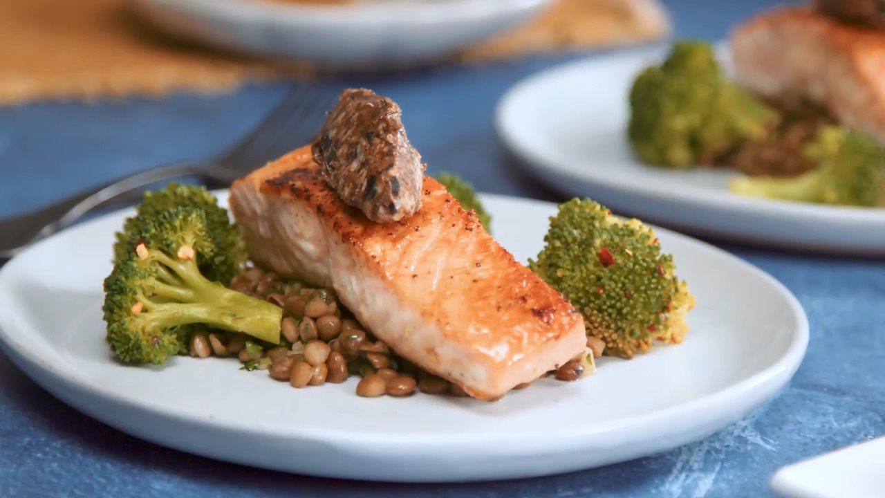 Sautéed Black Garlic Butter Verlasso Salmon - Lentils & Steamed Broccoli