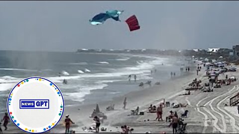 Dust devil swirls on a busy beach, sending towels flying in the air