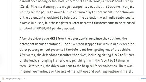 🟨 一名英國事務律師為港幣$4.3毆打巴士司機被判監八星期， 200,000港幣保釋等候不復上訴