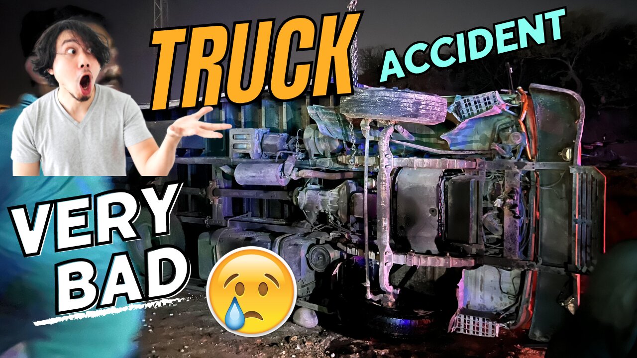 A Truck is Being Straightened With The Help of a Crane After it got Stuck on the Highway at Night