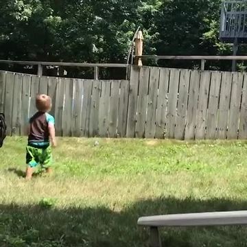 Adorable toddler plays fetch with dog despite backyard fence