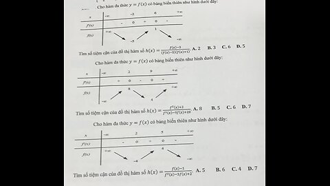 Toán 12: Tiệm cận: Cho hàm đa thức f(x) có bảng biến thiên. h(x)=(f(x)-3)/(f(x)-5)(f(x)+1)