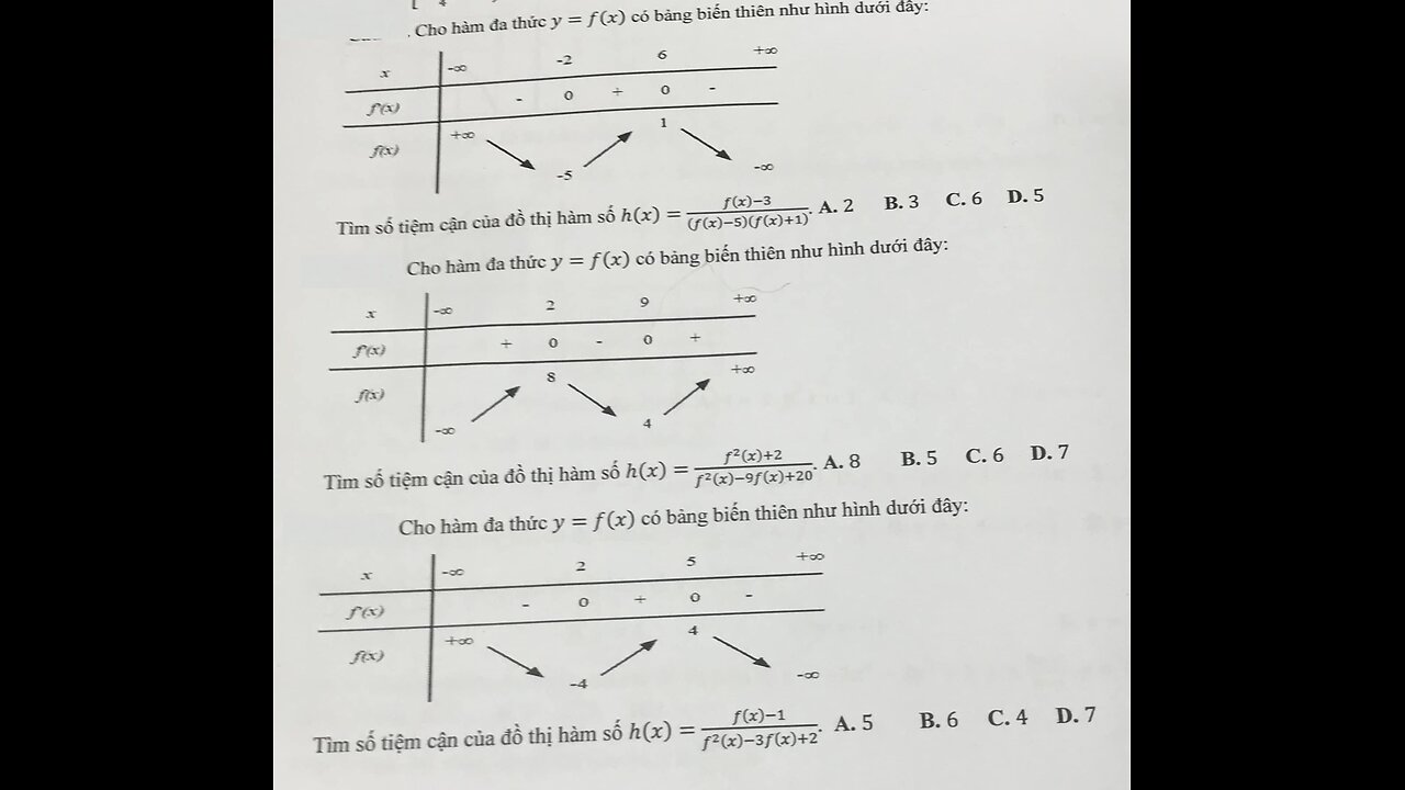 Toán 12: Tiệm cận: Cho hàm đa thức f(x) có bảng biến thiên. h(x)=(f(x)-3)/(f(x)-5)(f(x)+1)