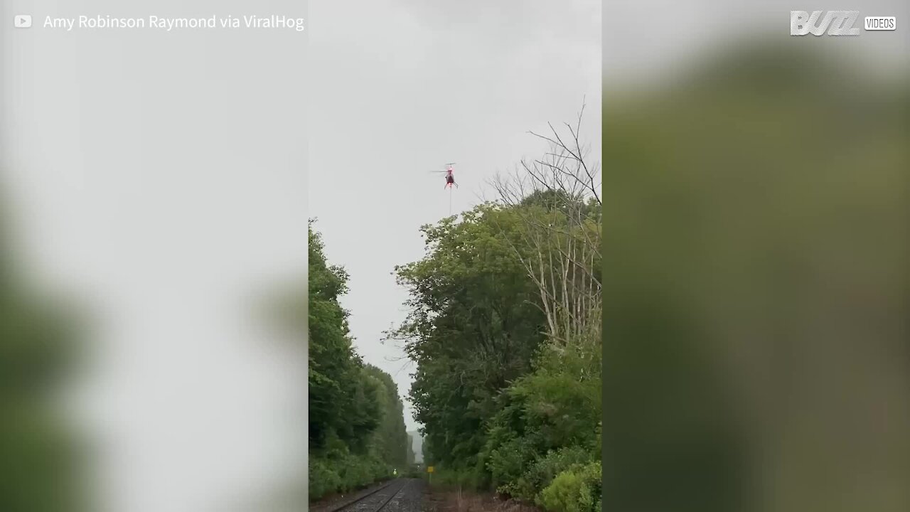 Helicóptero com motosserra gigante apara árvores