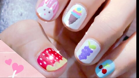 How to drawing 🍒🍓 🍇🍦🐰 with nail art ❤🧡💚💙 looks so cute and amazing