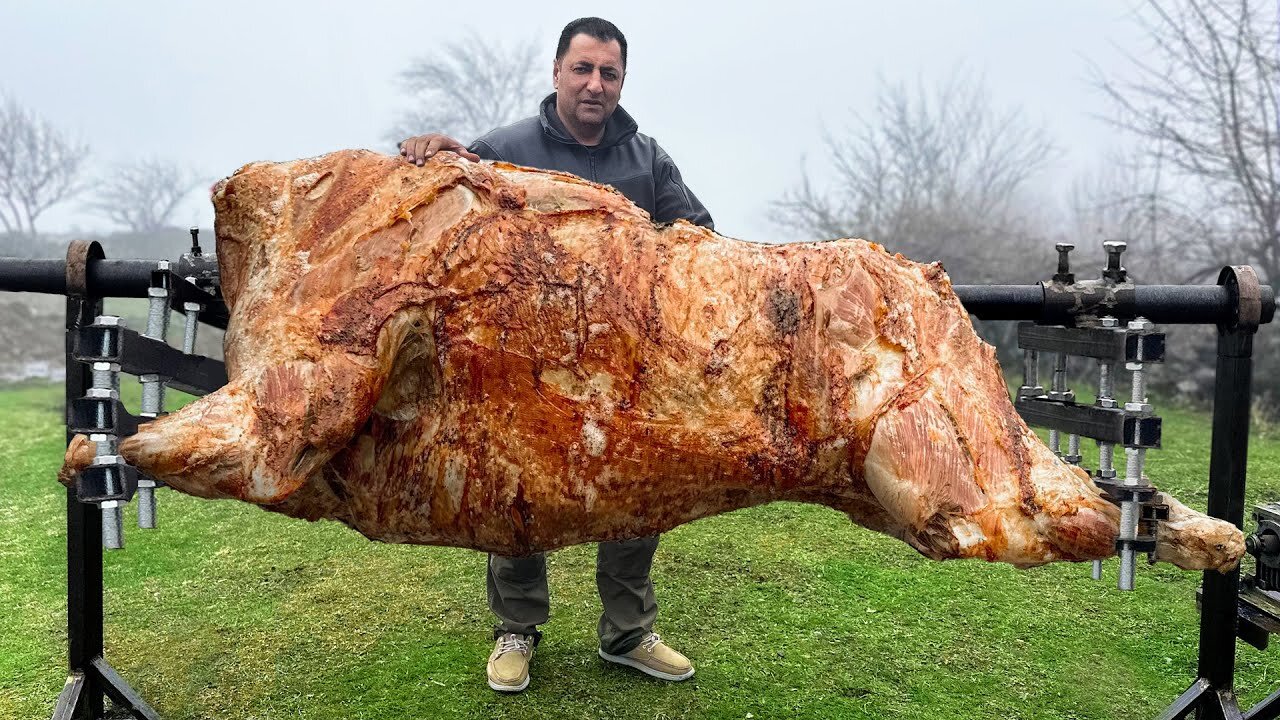 Roasting a Huge Bull on a Steel Spit! The Best Meat I've Tasted