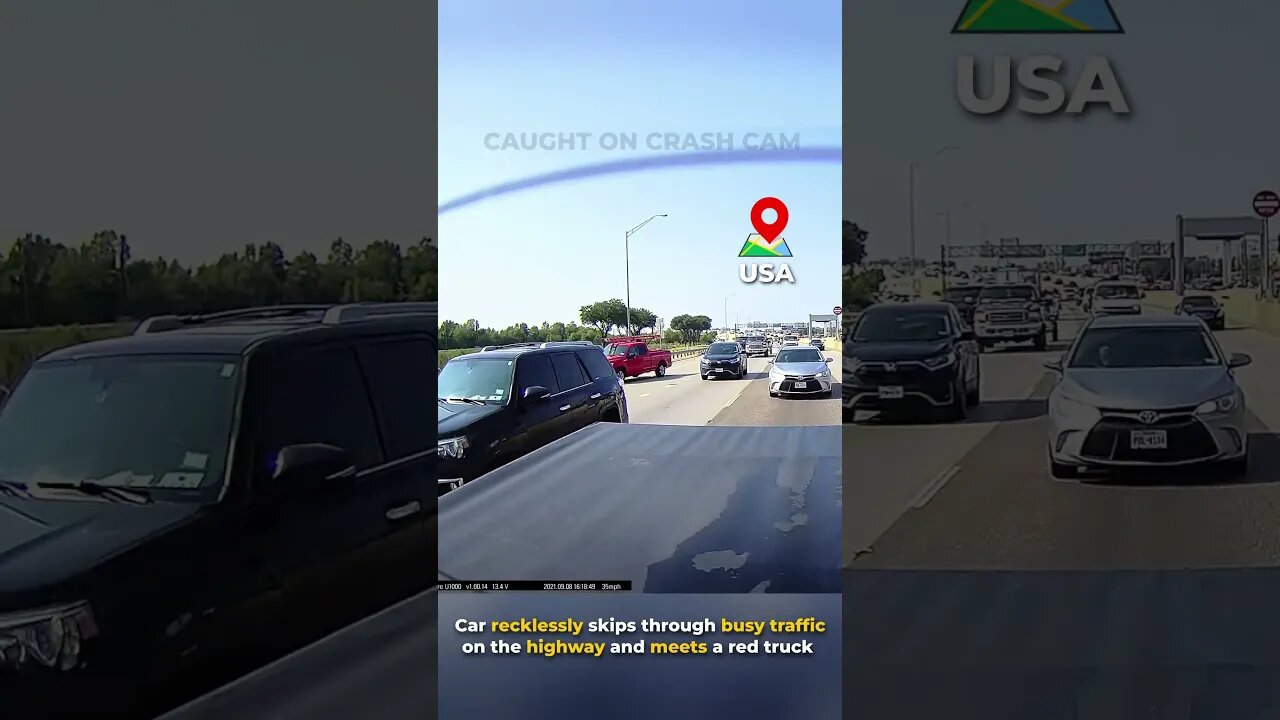 Car recklessly skips through busy trafficon the highway and meets a red truck!