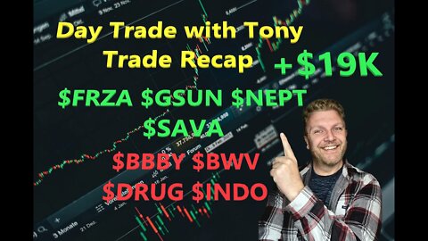 Day Trade With Tony Trade Recap $BBBY $BWV $DRUG $FRZA $GSUN $INDO $NEPT & $SAVA for +$19k GREEN Day