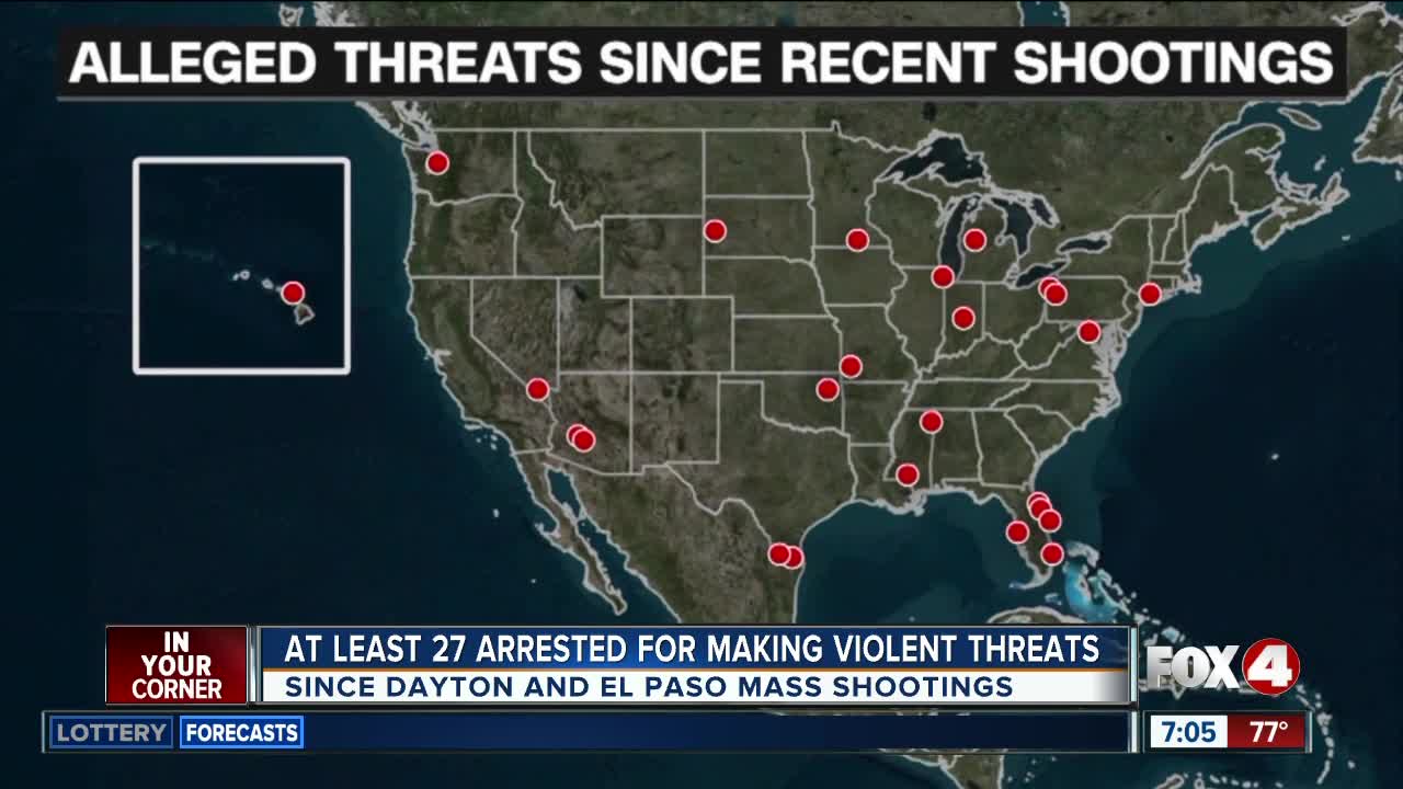 At least 27 people have been arrested over threats to commit mass attacks since the El Paso and Dayton shootings