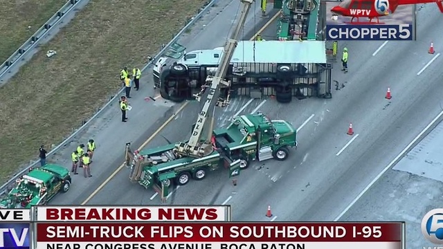 Large truck flips on I-95 SB in Boca Raton