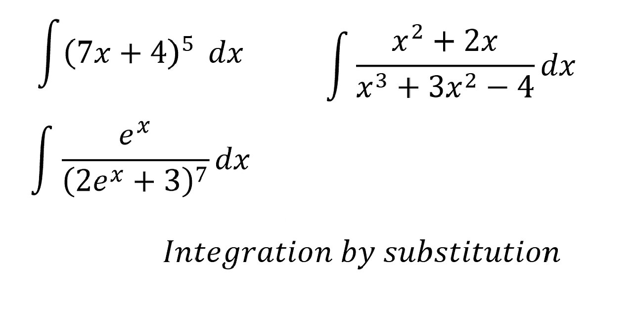 Integration by Substitution: ∫ (7x+4)^5 dx, ∫ e^x/(2e^x+3)^7 dx, ∫ (x^2+2x)/(x^3+3x^2-4) dx