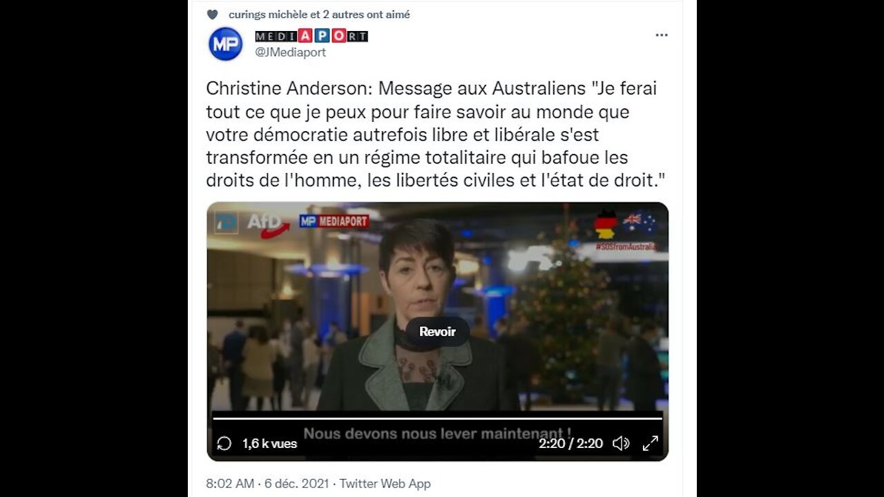 Christine Anderson = Message aux Australiens