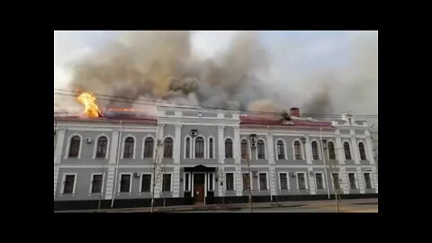 Ukraine War - SBU Building on fire after shelling in Chernigov