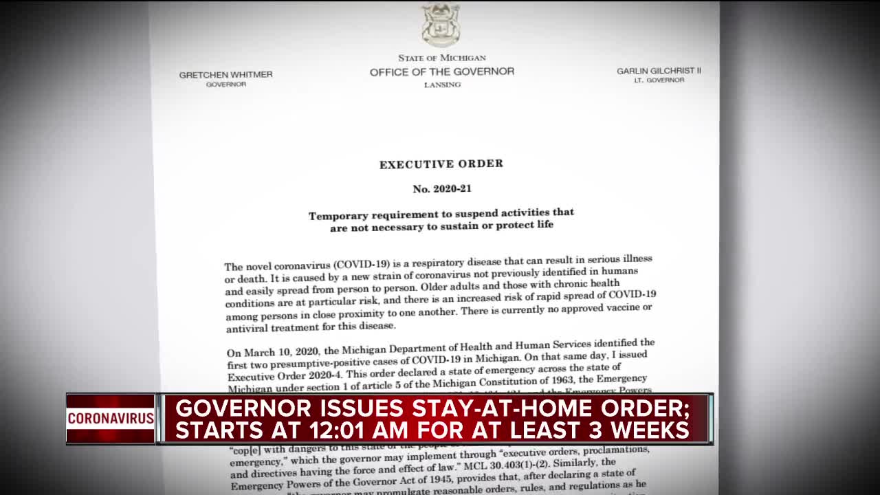 Michigan Gov. Gretchen Whitmer signed a "Stay home, stay safe" executive order on Monday morning.