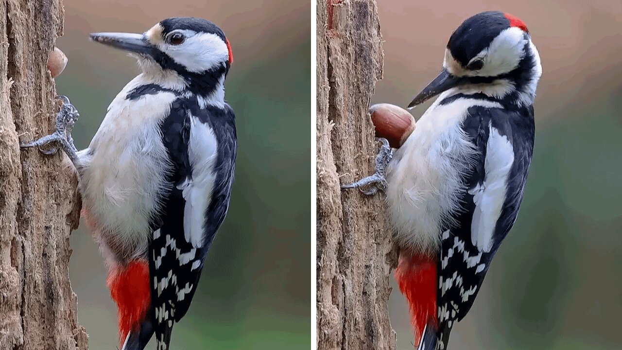 Great Spotted Woodpecker retrieves nut stashed in tree