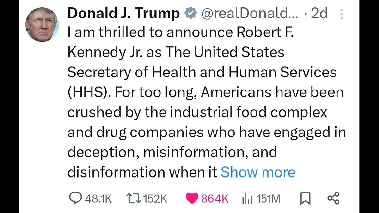 Trump announced RRK Jr for HHS aka US Dept of Health and Human Services