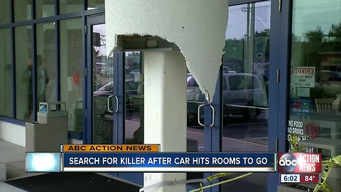 Car hits pillar outside of a furniture store