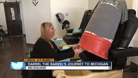 Darrel, a construction barrel from Milwaukee, washes ashore in Muskegon, Michigan