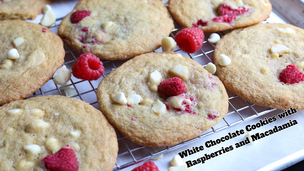 White Chocolate Cookies with Raspberry and Macadamia