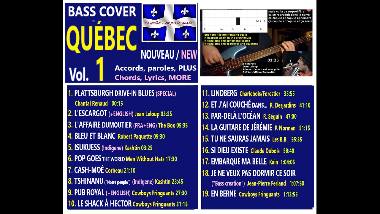 Bass cover QUÉBEC Vol. 1 _ Eng. transl. _ Chords, Lyrics, MORE