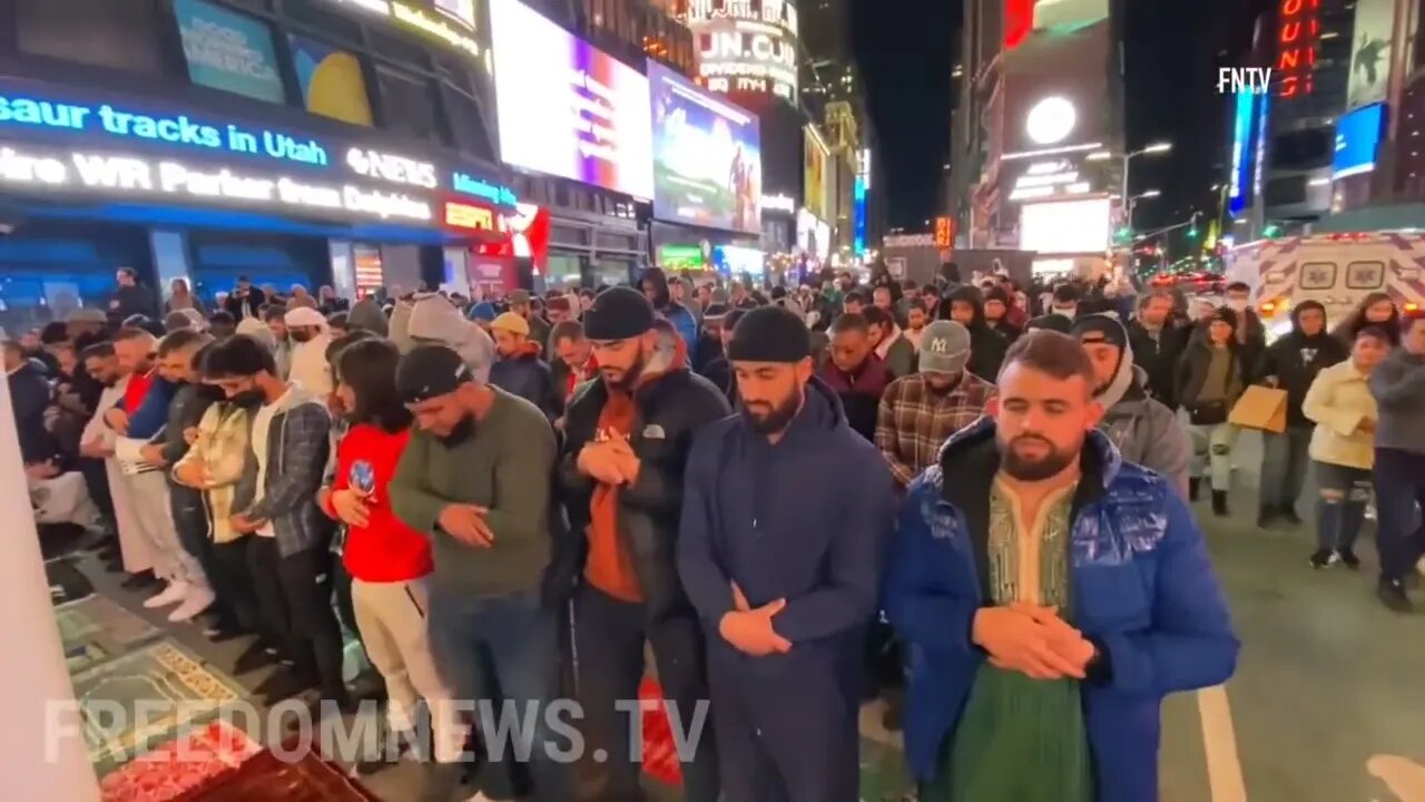 Muslims in New York City pray in the heart of Times Square on the first night of Ramadan