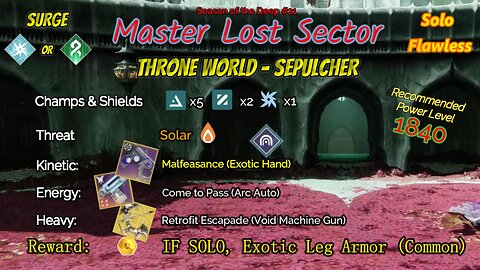 Destiny 2 Master Lost Sector: Throne World - Sepulcher on my Void Warlock Solo-Flawless 8-12-23