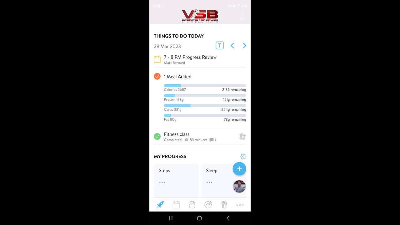 Logging a workout in VSB mobile app