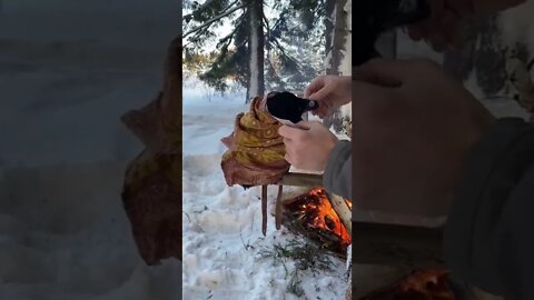 This guy warming up his raven by a fire with a blanket