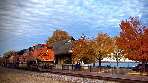 Railroad Depot in Background with Fall Foliage Colors and BNSF Oil Train - Wayzata Subdivision