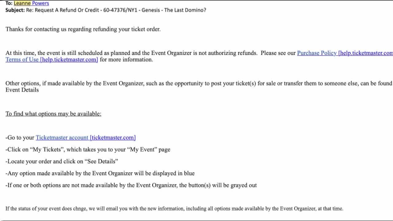 Ticketmaster offering no refunds