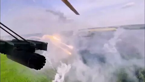 Shooting from the cabring of a pair of Mi 8 AFU accompanied by Mi 24