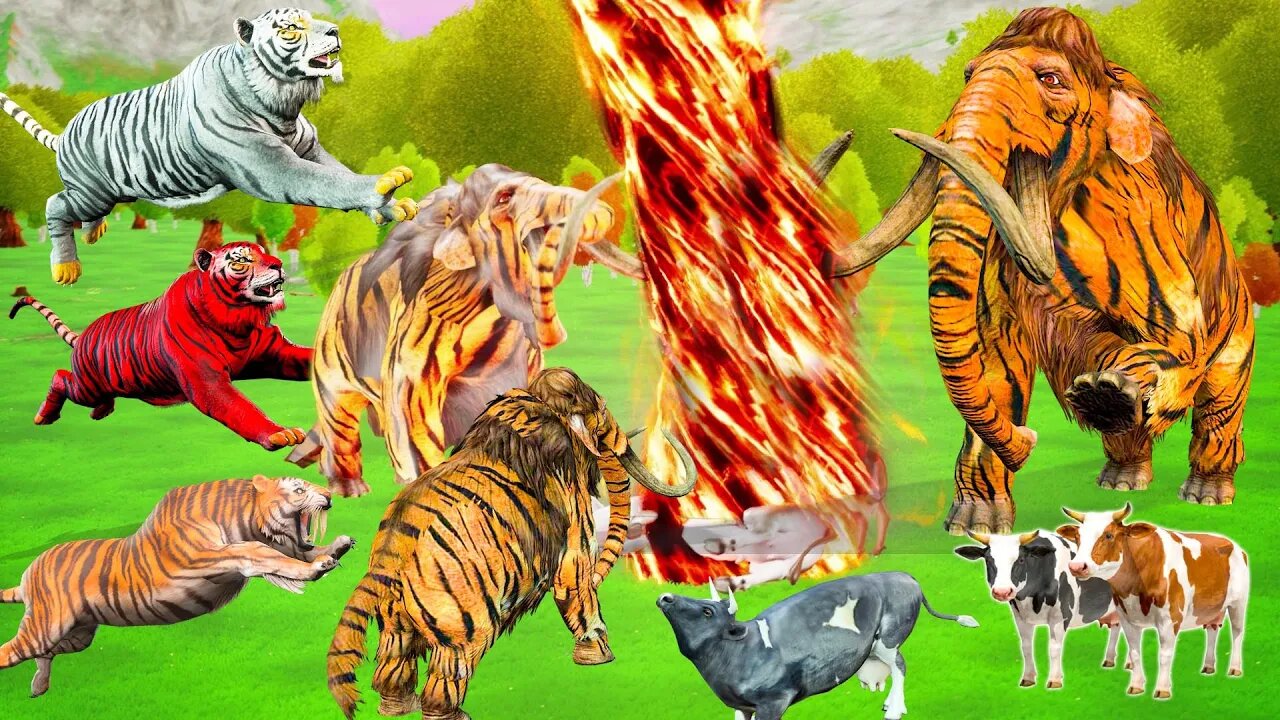 Giant Zombie Tiger vs Zombie cow Fight CowCartoon Saved By Zombie Tiger Woolly Mammoth Fights Videos