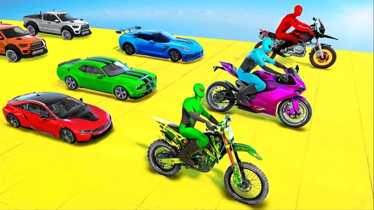 GTA V MEGA RAMP BOATS CARS MOTORCYCLE WITH TREVOR ALL SUPER HEROES NEW STUNT MAP CHALLENG