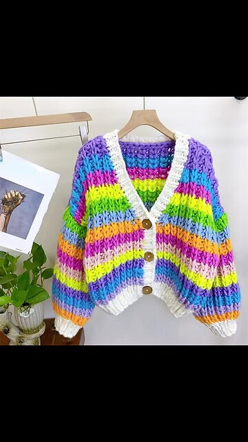 Women Handmade Rainbow Colorful Warm Chunky Knit Bulky Cardigan Multi Color Sweater
