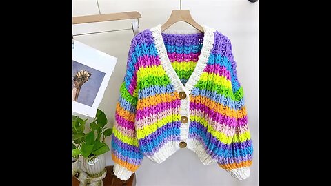 Women Handmade Rainbow Colorful Warm Chunky Knit Bulky Cardigan Multi Color Sweater