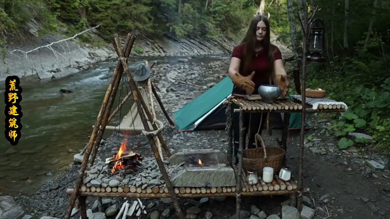 20-- Camping in the forest. The tent was set up on the river. It was much more comfortable.