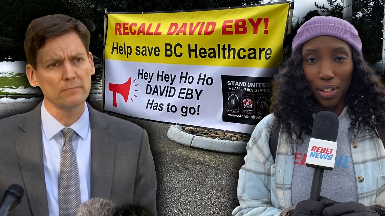 Protest forms during B.C. Premier David Eby’s economic address to Surrey Board of Trade