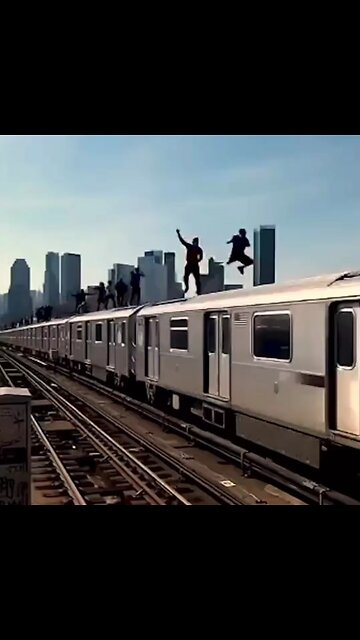 Teens subway surfing on trains.