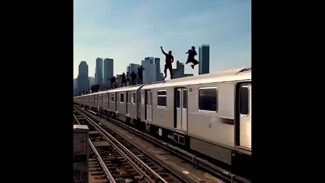 Teens subway surfing on trains.